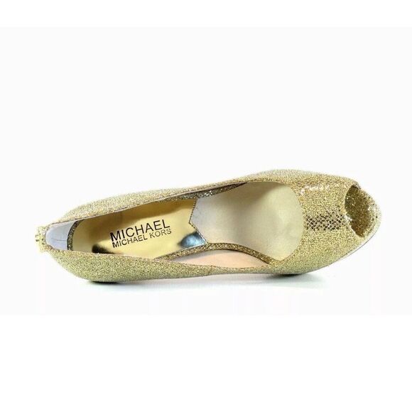 Michael Kors Size 8.5 Gold Sparkle Glitter Platform Peep Toe Pump Heels Bridal - Picture 3 of 16